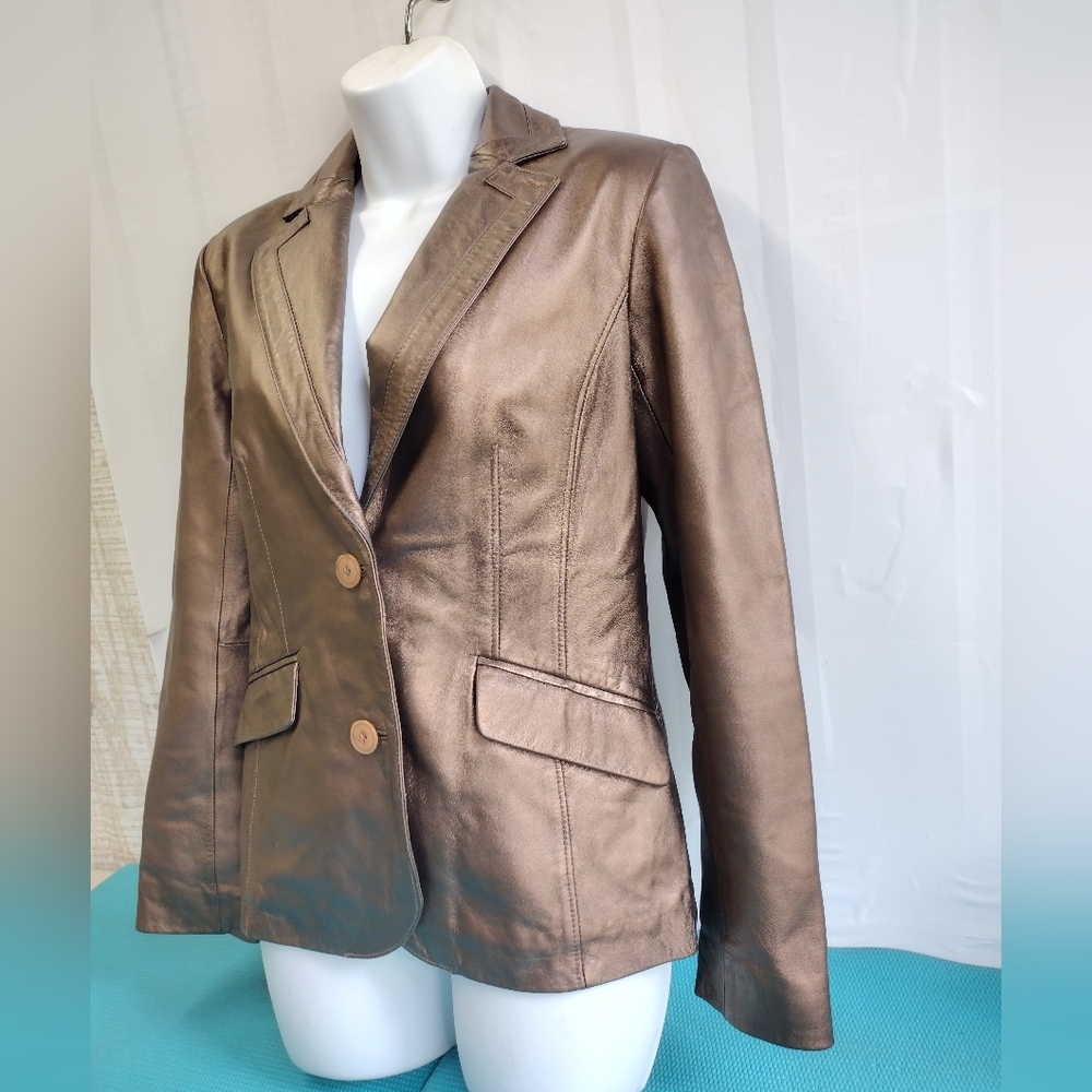 Alfani Women's Leather Jacket Button Down Bronze Size S